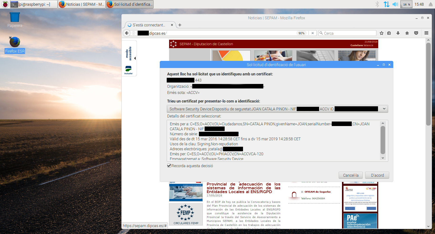 Configurant la Raspberry Pi 2 com a Thinclient amb Raspbian + CITRIX i accedint amb un certificat digital