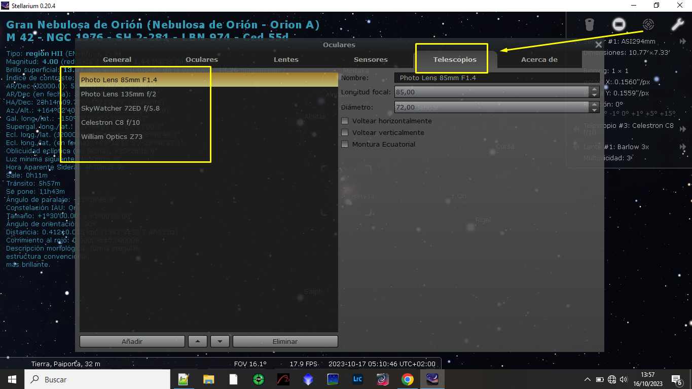 Configurem el nostre telescopi i objectiu a Stellarium