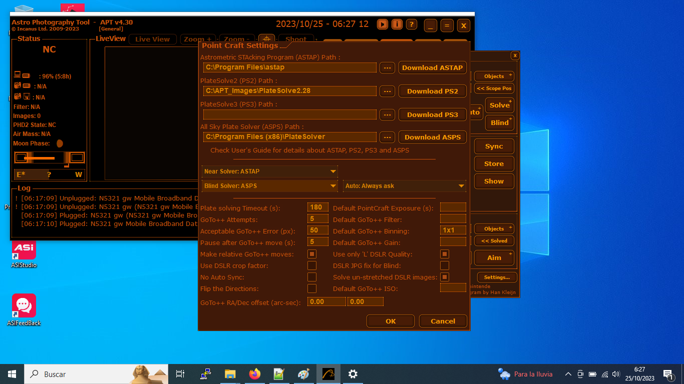 APT configurat amb diferents ferramentes per a fer Plate Solving