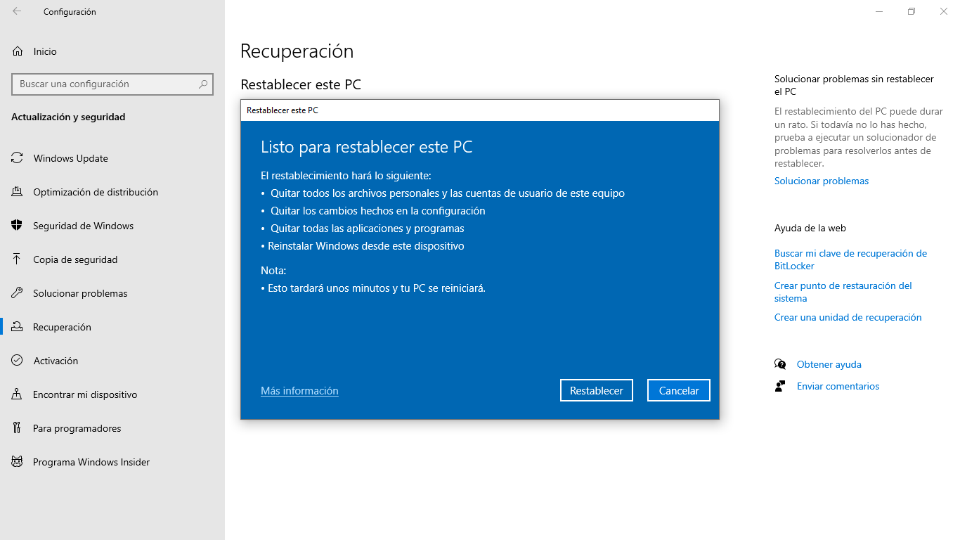 Resetejar Windows 10 a mode de fàbrica