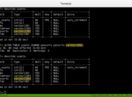 Canviant des de la consola característiques dels camps de les taules a MySQL